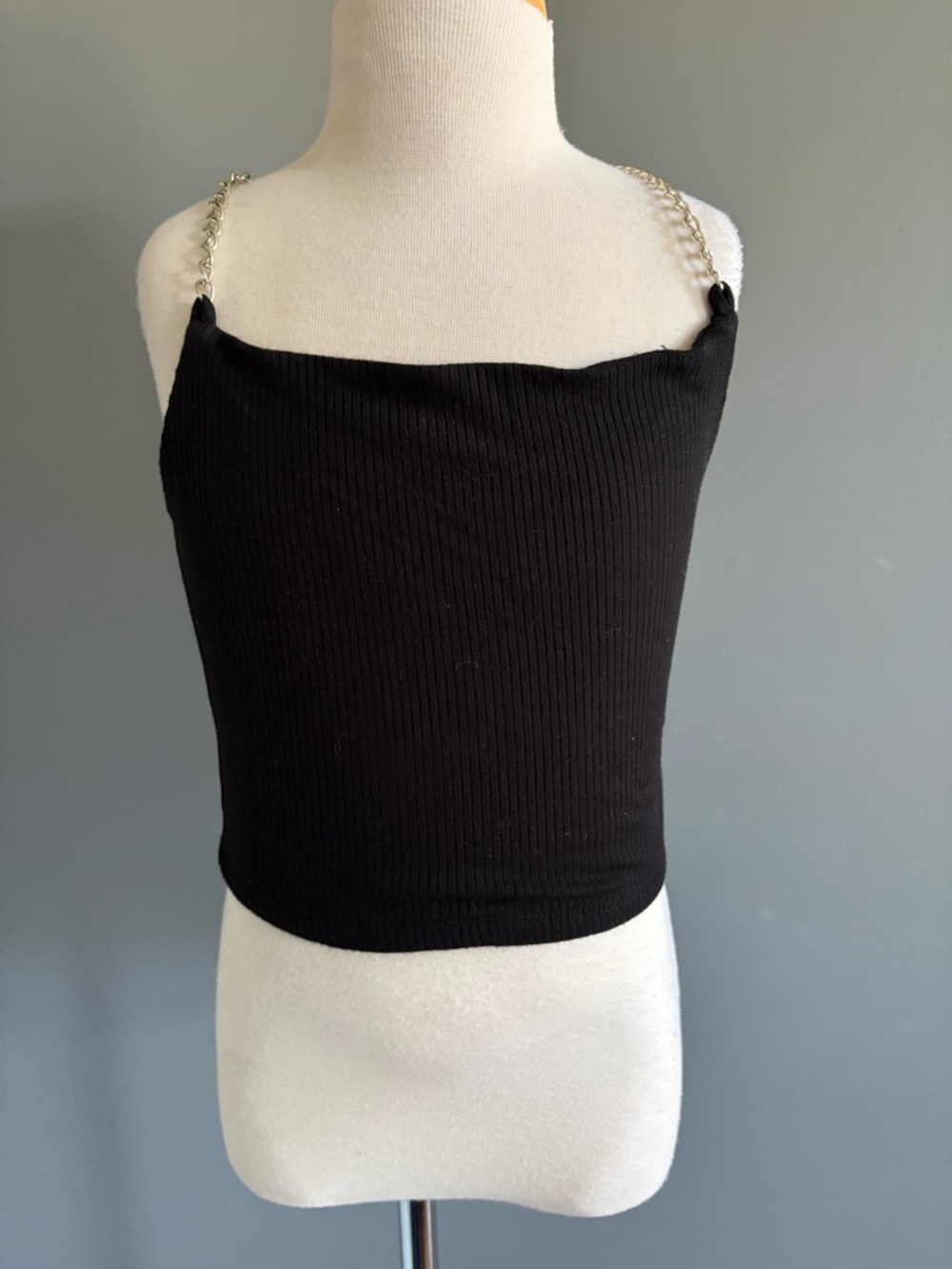 Black Ribbed Crop Top with Silver Chain Straps